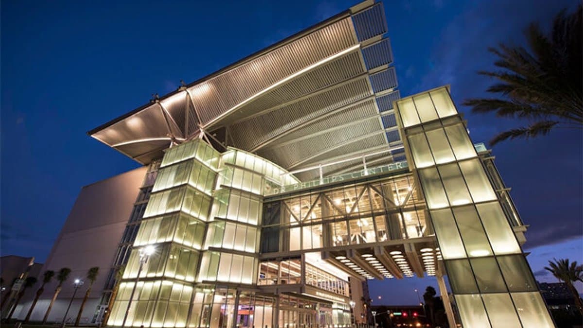 Dr. Phillips Center at night — dramatic lighting, where Wicked takes the stage