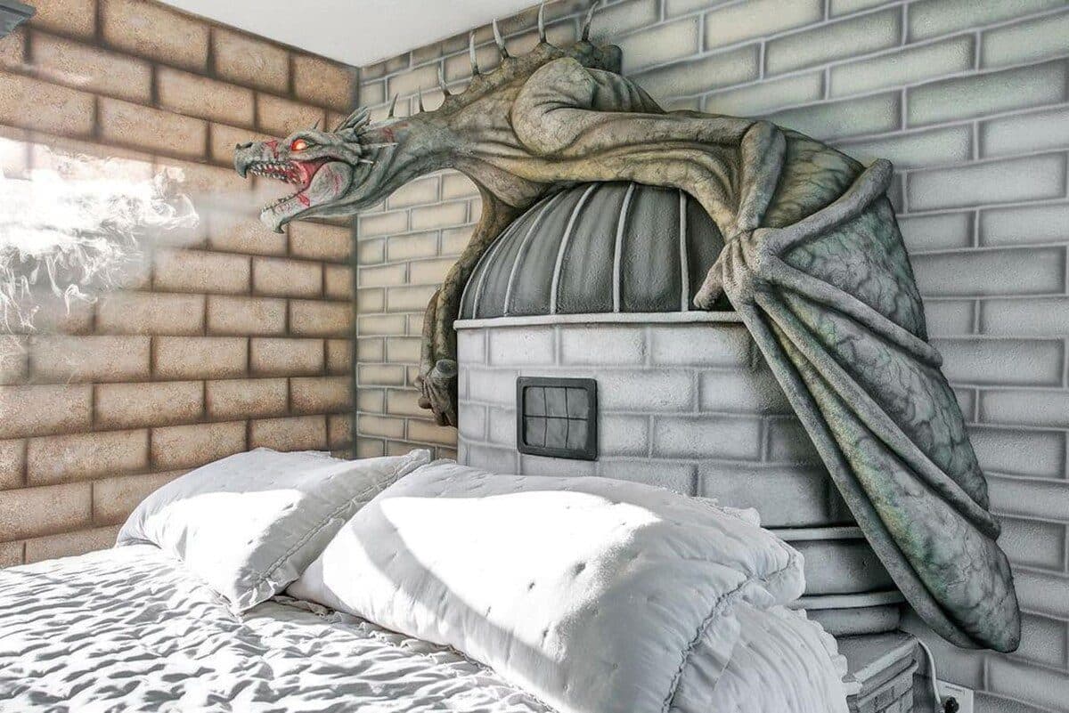 The Dragon's Keep — themed bedroom with smoke-breathing dragon